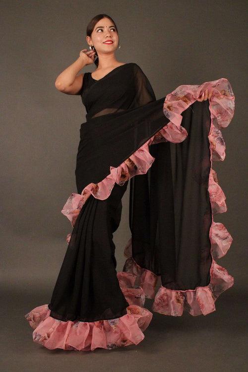 Black Georgette with Rosy Pink Ruffled Border Wrap in 1 minute saree