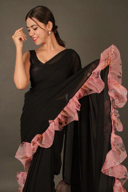 Black Georgette with Rosy Pink Ruffled Border Wrap in 1 minute saree