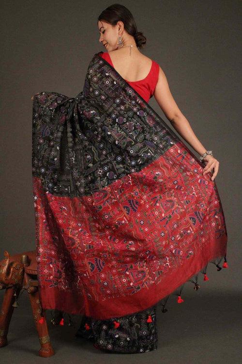 Black-Maroon Cotton Silk Madhubani Print Wrap in 1 minute saree