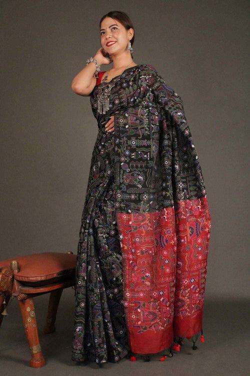 Black-Maroon Cotton Silk Madhubani Print Wrap in 1 minute saree