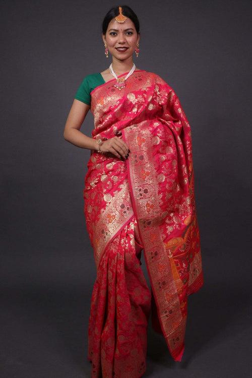 Crimson pink banarasi with meenakari pattern wrap in 1 minute saree