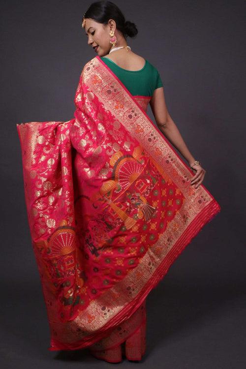 Crimson pink banarasi with meenakari pattern wrap in 1 minute saree