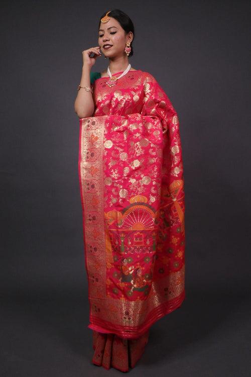 Crimson pink banarasi with meenakari pattern wrap in 1 minute saree