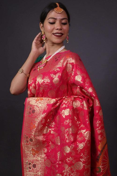 Crimson pink banarasi with meenakari pattern wrap in 1 minute saree