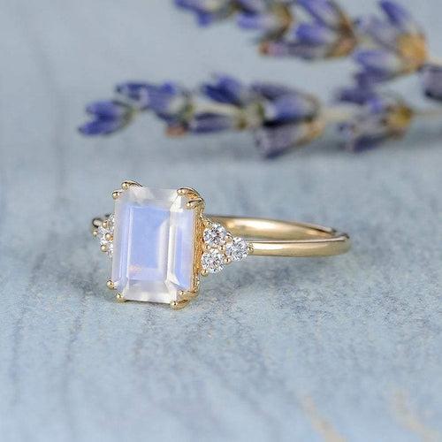 14Kt Gold Emeral Shape Moonstone, Natural Diamond Engagement/Wedding Ring