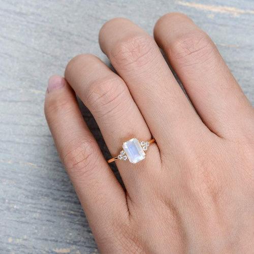 14Kt Gold Emeral Shape Moonstone, Natural Diamond Engagement/Wedding Ring