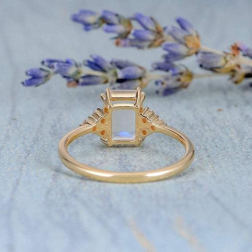 14Kt Gold Emeral Shape Moonstone, Natural Diamond Engagement/Wedding Ring