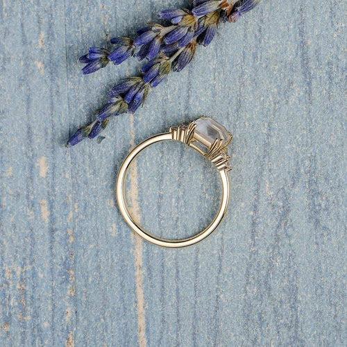 14Kt Gold Emeral Shape Moonstone, Natural Diamond Engagement/Wedding Ring