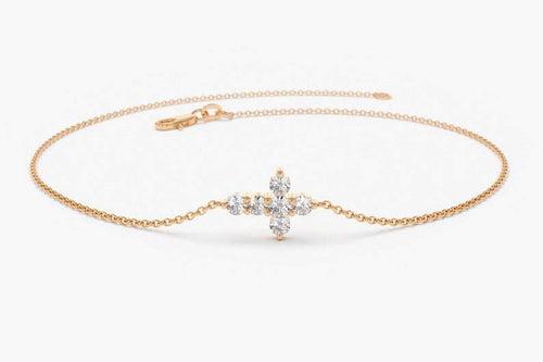 14Kt Gold Cross Natural Diamond Charm Bracelet