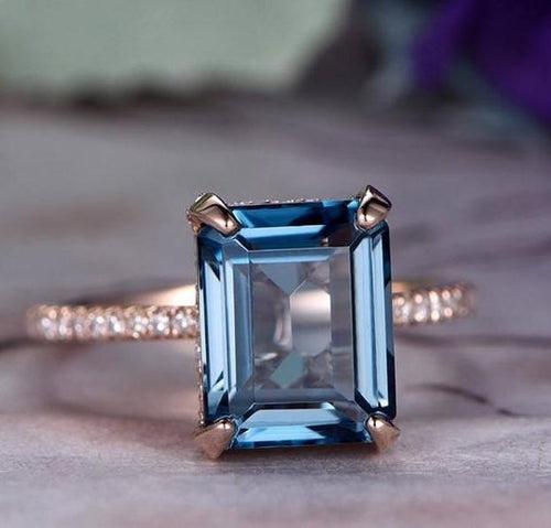 14Kt Gold Blue Solitaire Topaz Emerald Shape, Natural Diamond Engagement/Wedding Ring