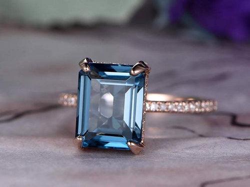 14Kt Gold Blue Solitaire Topaz Emerald Shape, Natural Diamond Engagement/Wedding Ring