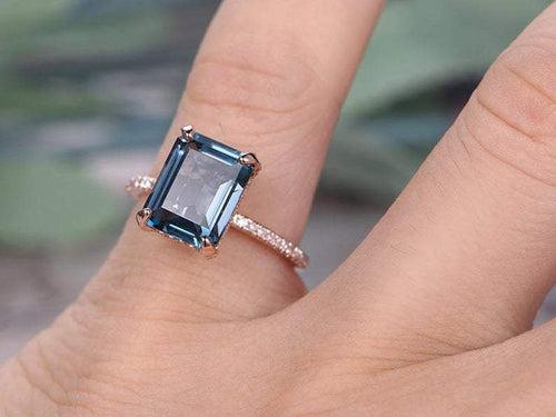 14Kt Gold Blue Solitaire Topaz Emerald Shape, Natural Diamond Engagement/Wedding Ring