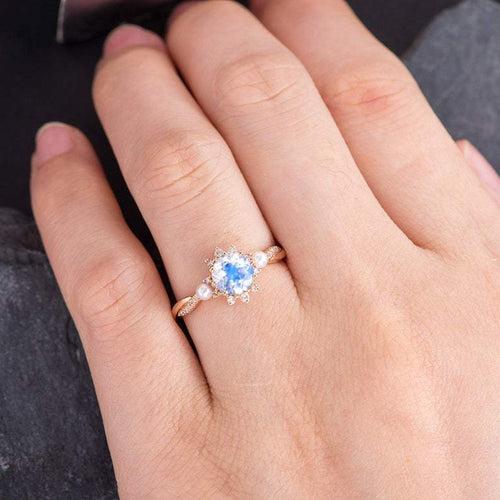 14Kt Gold Solitaire Moonstone, Pearl,  Halo Natural Diamond Engagement/Wedding Ring