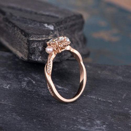 14Kt Gold Solitaire Moonstone, Pearl,  Halo Natural Diamond Engagement/Wedding Ring