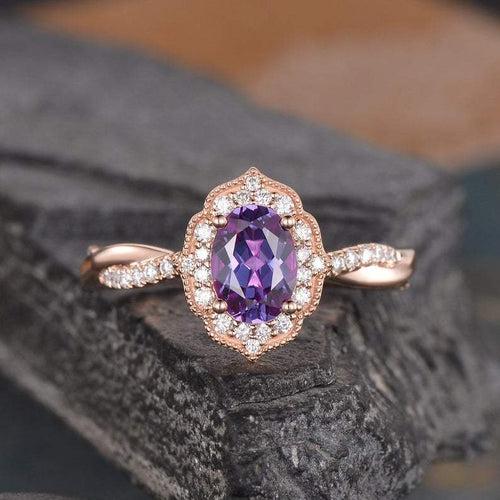 14Kt Gold Solitaire Oval Shape Alexandrite, Halo Infinity Eternity Natural Diamond Engagement/Wedding Ring