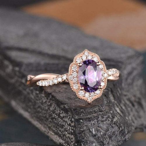 14Kt Gold Solitaire Oval Shape Alexandrite, Halo Infinity Eternity Natural Diamond Engagement/Wedding Ring