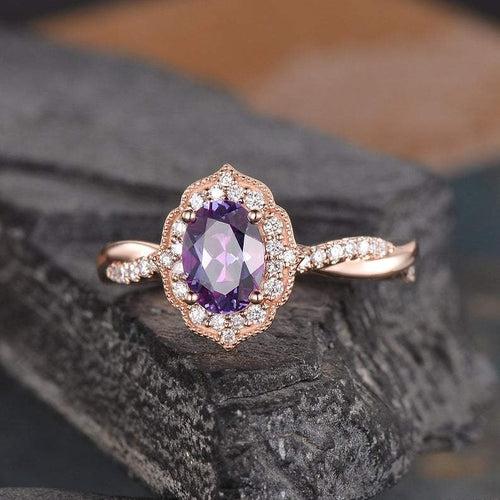 14Kt Gold Solitaire Oval Shape Alexandrite, Halo Infinity Eternity Natural Diamond Engagement/Wedding Ring