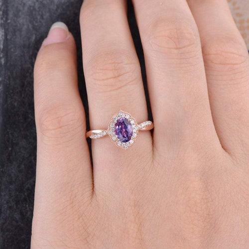 14Kt Gold Solitaire Oval Shape Alexandrite, Halo Infinity Eternity Natural Diamond Engagement/Wedding Ring