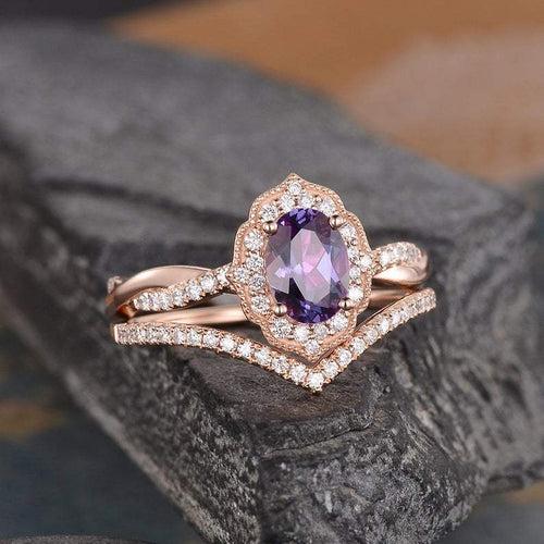 14Kt Gold Set2 Solitaire Oval Shape Alexandrite, Halo Infinity Eternity Natural DiamondNatural Diamond Engagement/Wedding Ring