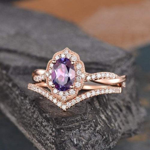 14Kt Gold Set2 Solitaire Oval Shape Alexandrite, Halo Infinity Eternity Natural DiamondNatural Diamond Engagement/Wedding Ring