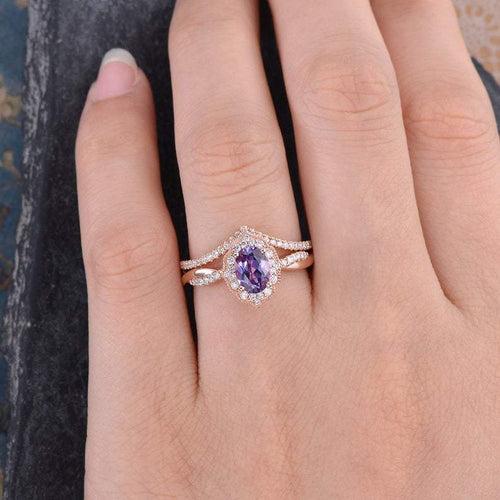 14Kt Gold Set2 Solitaire Oval Shape Alexandrite, Halo Infinity Eternity Natural DiamondNatural Diamond Engagement/Wedding Ring