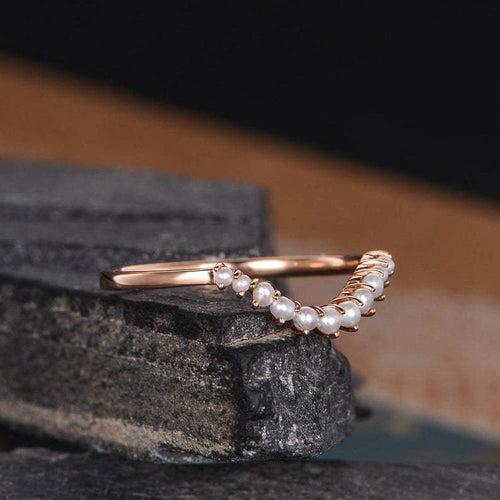 14Kt Gold Pearl Chevron V Shaped Curved Half Eternity Band Engagement/Wedding Ring