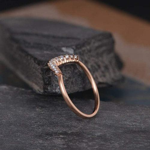 14Kt Gold Pearl Chevron V Shaped Curved Half Eternity Band Engagement/Wedding Ring