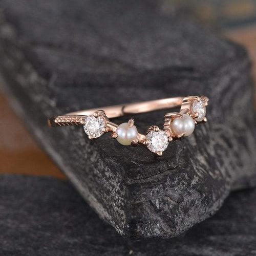 14Kt Gold Pearl, Chevron V Shaped Curved Natural Diamond Band Engagement/Wedding Ring