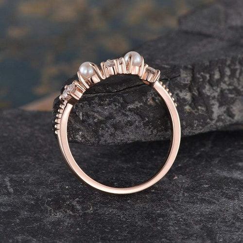 14Kt Gold Pearl, Chevron V Shaped Curved Natural Diamond Band Engagement/Wedding Ring