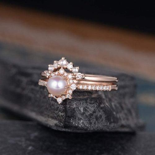 14Kt Gold Pearl, Chevron V Shaped Curved Natural Diamond Engagement/Wedding Ring