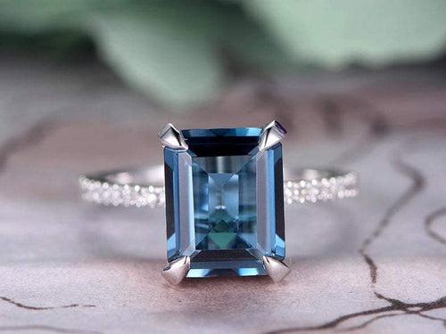 14Kt Gold Blue Solitaire Topaz Emerald Shape, Natural Diamond Engagement/Wedding Ring