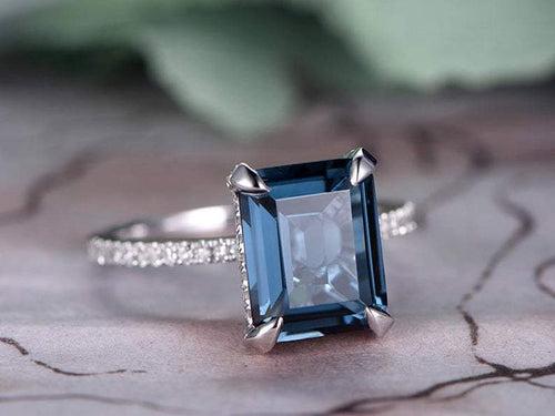 14Kt Gold Blue Solitaire Topaz Emerald Shape, Natural Diamond Engagement/Wedding Ring