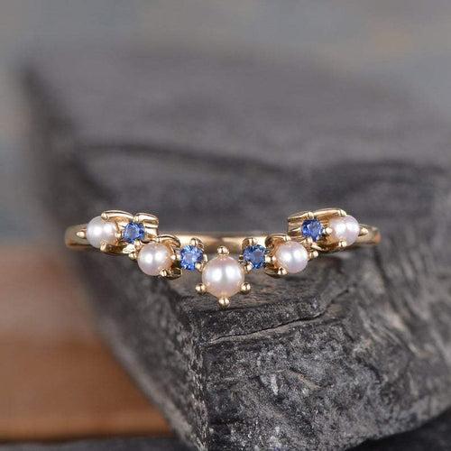 14Kt Gold Pearl, Sapphire, Chevron V Shaped Curved Band Engagement/Wedding Ring