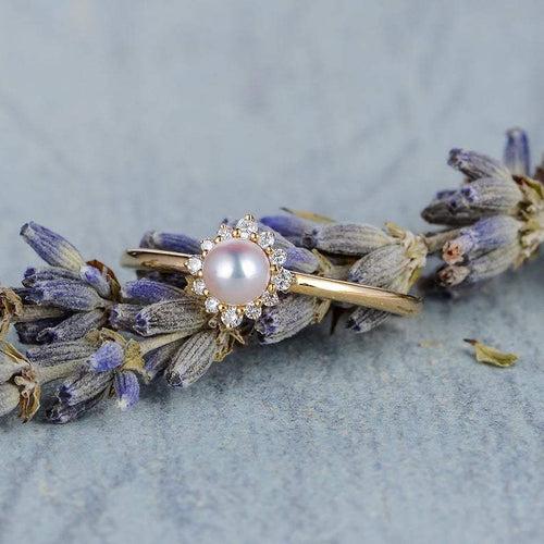 14Kt Gold Pearl, Natural Diamond Engagement/Wedding Ring