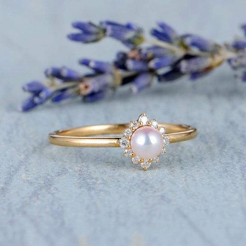 14Kt Gold Pearl, Natural Diamond Engagement/Wedding Ring