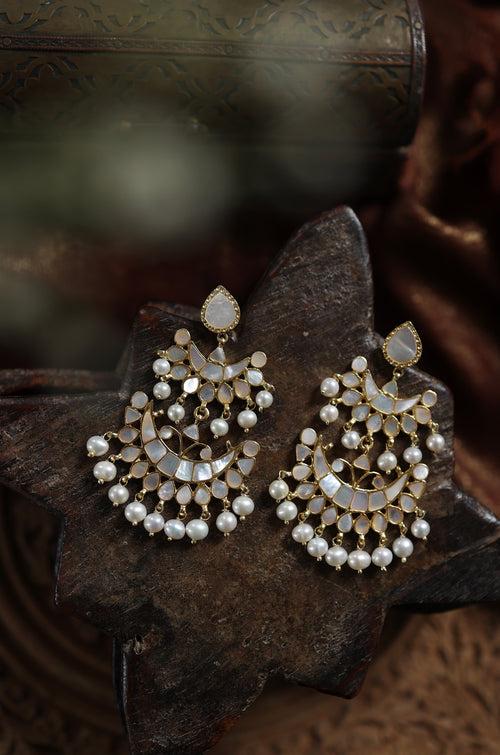 Rishika Mother Of Pearl Chandbali Silver Earrings