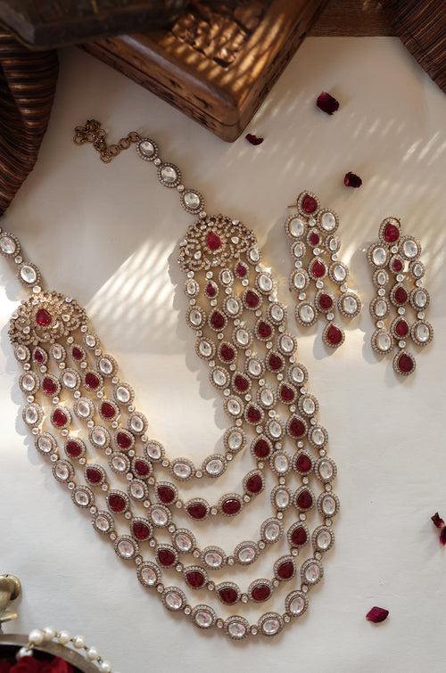 Adweta Red Multilayered Polki Necklace Set