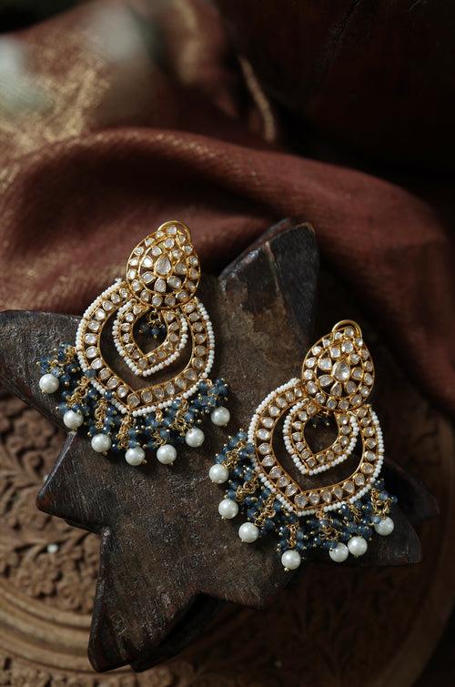 Shaziana Blue Polki Chandbali Earrings