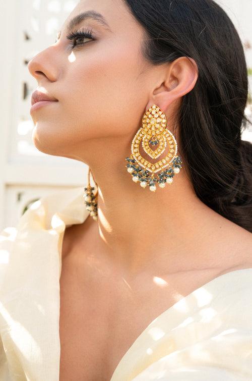 Shaziana Blue Polki Chandbali Earrings