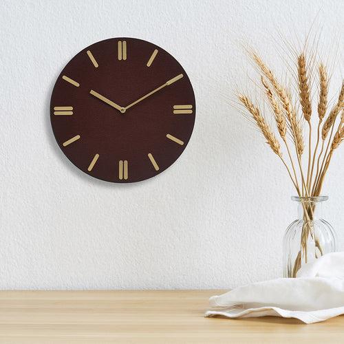 Round Wooden and Leatherette Analog Wall Clock (Brown)