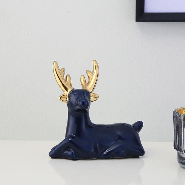 Decorative Reindeer Ceramic Showpiece (Blue & Gold)