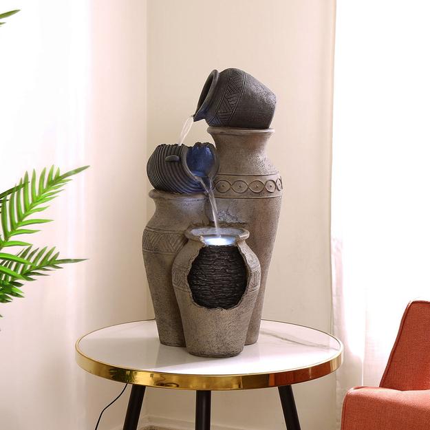 Decorative Tri Pots Polyresin Water Fountain (Beige & Grey)