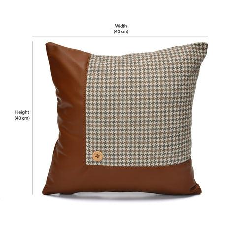 Houndstooth Patch Fabric & Leatherette 16" x 16" Cushion Cover (Beige & Tan)