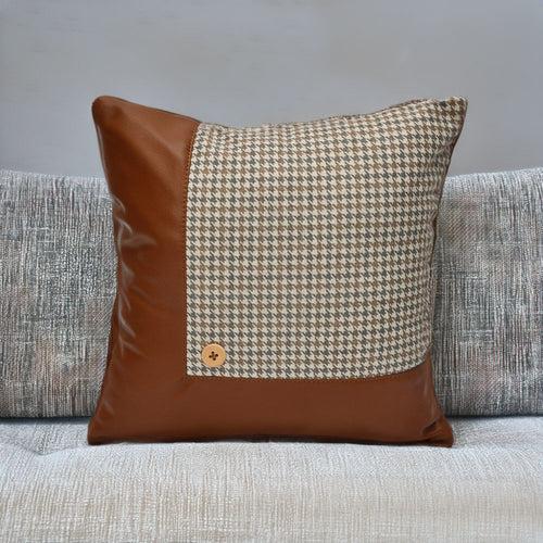 Houndstooth Patch Fabric & Leatherette 16" x 16" Cushion Cover (Beige & Tan)