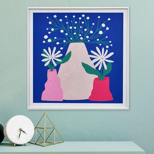 Decorative Three Flower Pot Canvas Wall Painting (Blue & Pink)