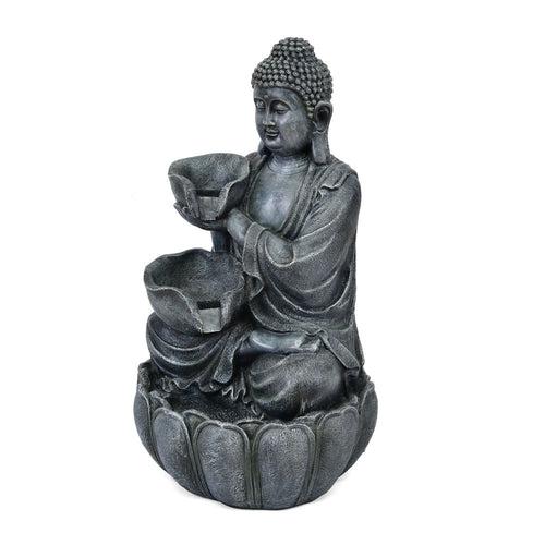 Decorative Buddha With Two Bowls Polyresin Water Fountain (Grey)