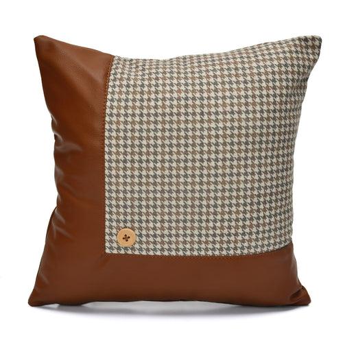 Houndstooth Patch Fabric & Leatherette 16" x 16" Cushion Cover (Beige & Tan)