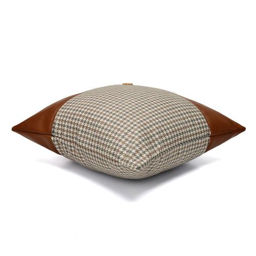 Houndstooth Patch Fabric & Leatherette 16" x 16" Cushion Cover (Beige & Tan)