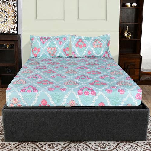 Aurora Floral Polyester Double Bedsheet with 2 Pillow Covers (Sea Blue)