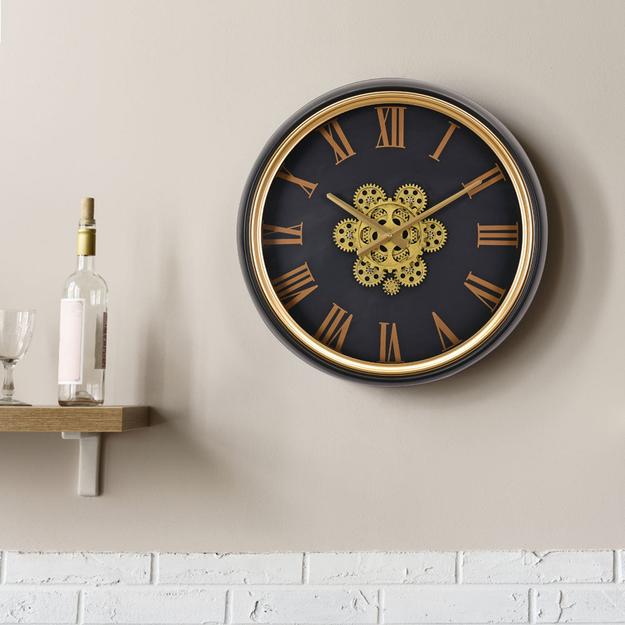 Roman Numerals and Gear Design Analog Wall Clock (Black & Gold)